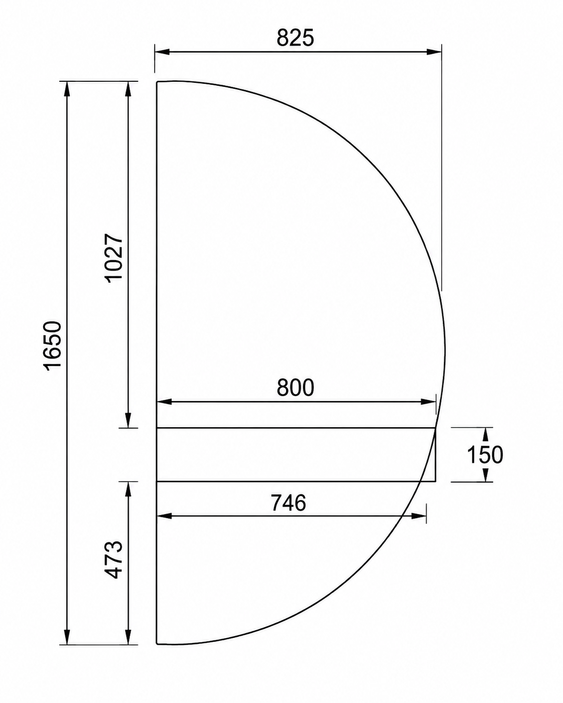 Halve Maan spiegel links 165 cm